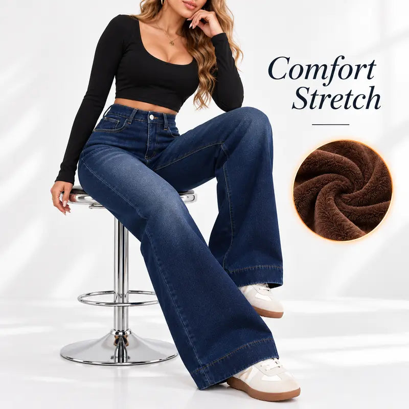 Women’s High-Waist Wide-Leg Fleece-Lined Denim Pants