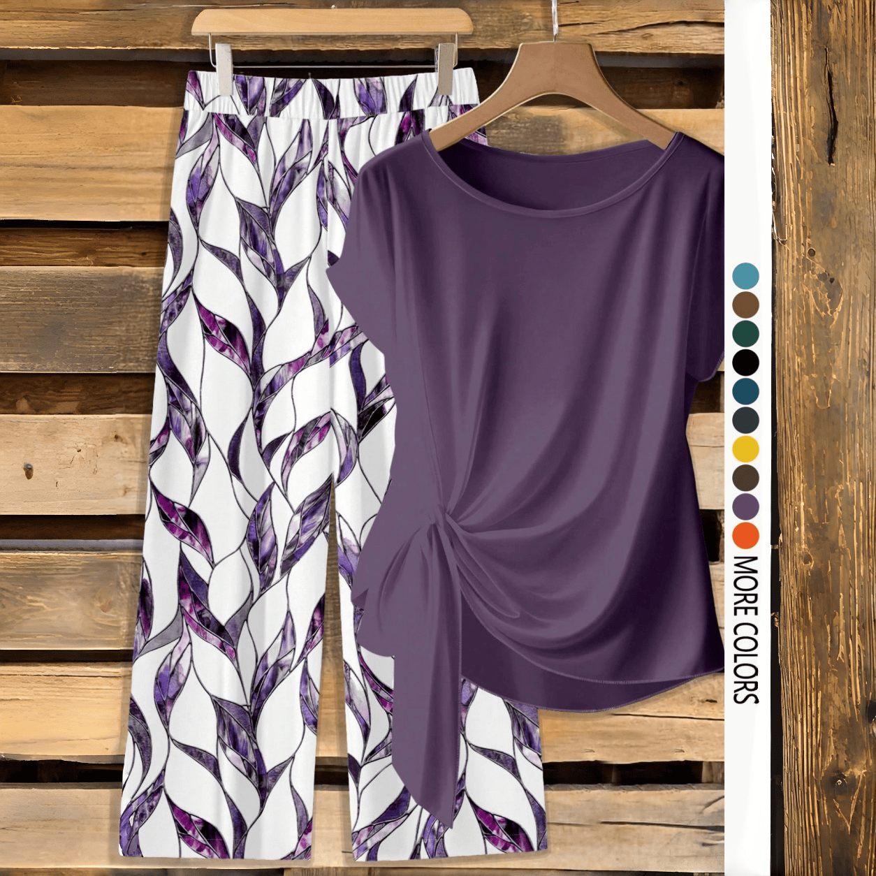 Women's Casual Printed Knot Shirt and Loose Straight Pants Set