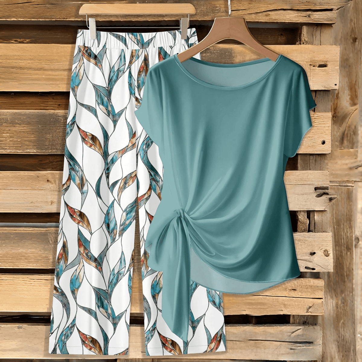 Women's Casual Printed Knot Shirt and Loose Straight Pants Set