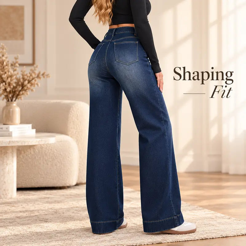 Women’s High-Waist Wide-Leg Fleece-Lined Denim Pants