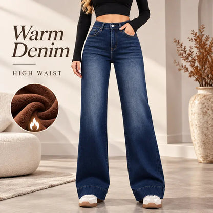 Women’s High-Waist Wide-Leg Fleece-Lined Denim Pants