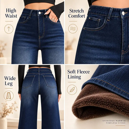 Women’s High-Waist Wide-Leg Fleece-Lined Denim Pants
