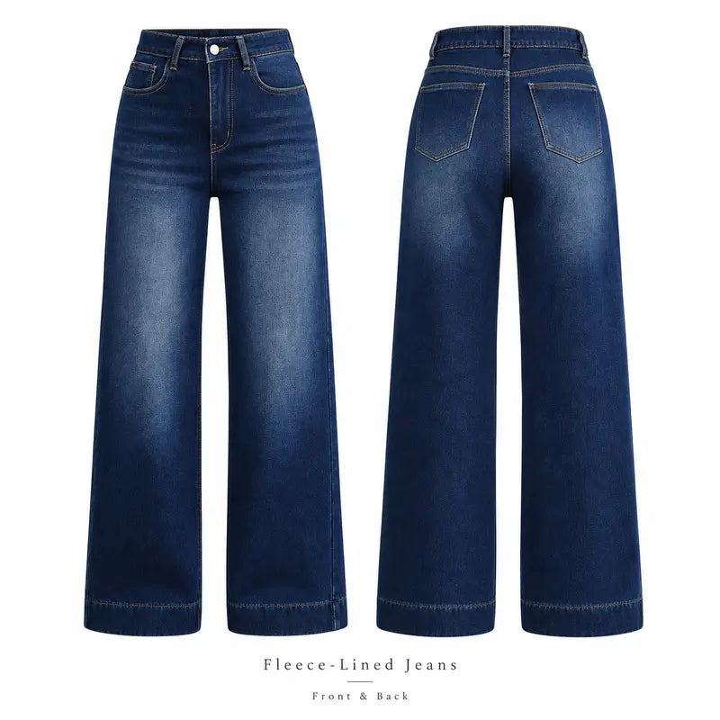 Women’s High-Waist Wide-Leg Fleece-Lined Denim Pants