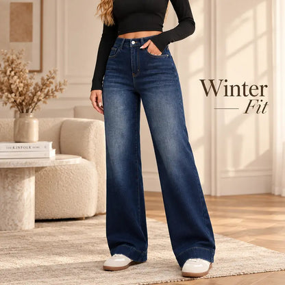 Women’s High-Waist Wide-Leg Fleece-Lined Denim Pants