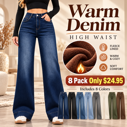 Women’s High-Waist Wide-Leg Fleece-Lined Denim Pants