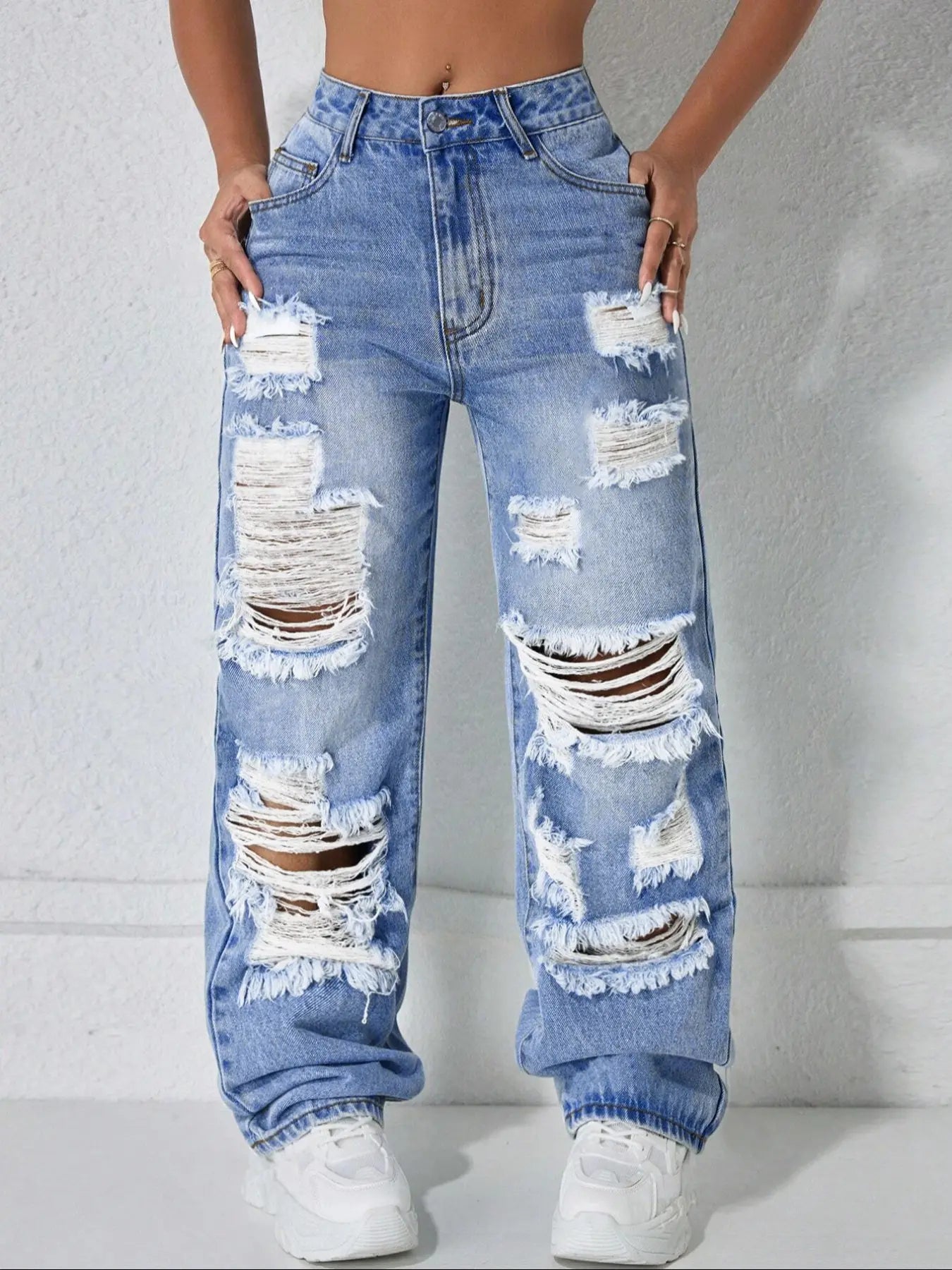 [Last Day Promotion]High Waist Pocket Ripped Denim High Rise Jeans