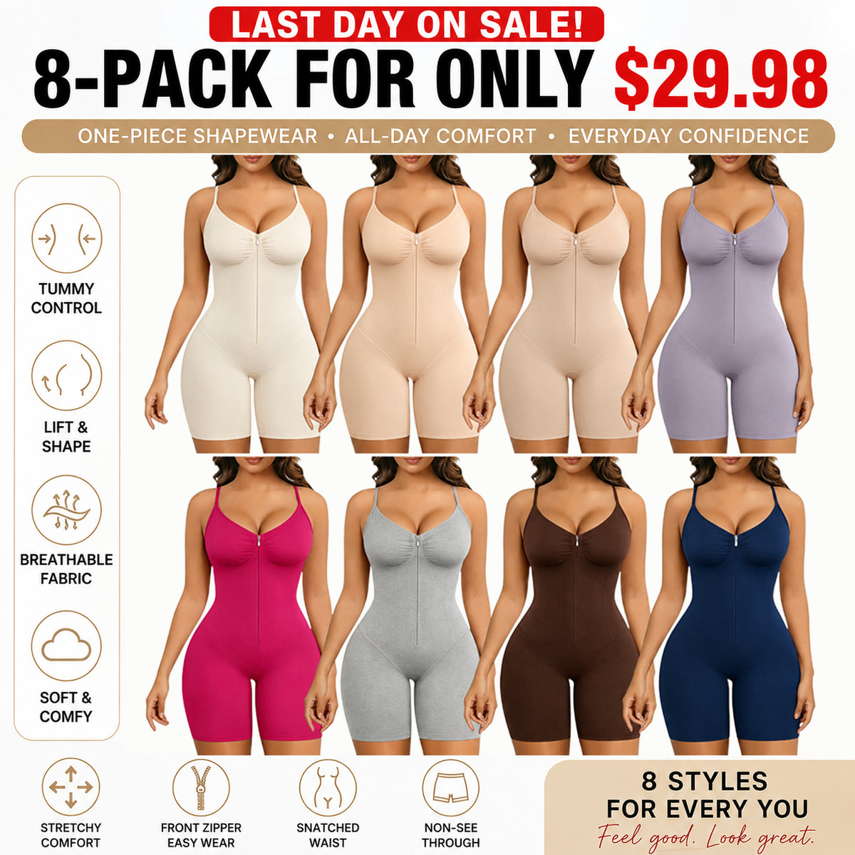 🔥Last Day Sale - 90% OFF-SHAPERX Women Tummy Control Zip-Up Shapewear Bodysuit Breathable Stretch Mesh