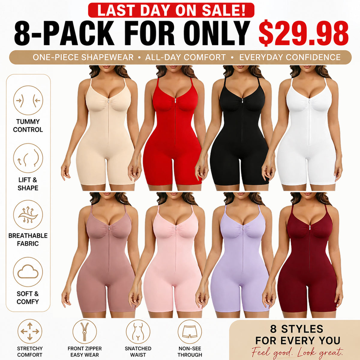 🔥Last Day Sale - 90% OFF-SHAPERX Women Tummy Control Zip-Up Shapewear Bodysuit Breathable Stretch Mesh