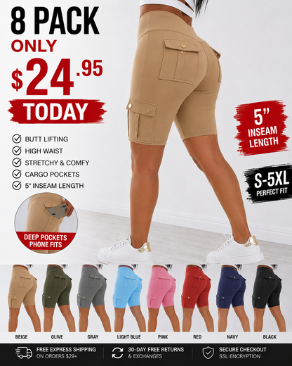 Women’s High-Waist Cargo Leggings with Pockets – 8 Pack