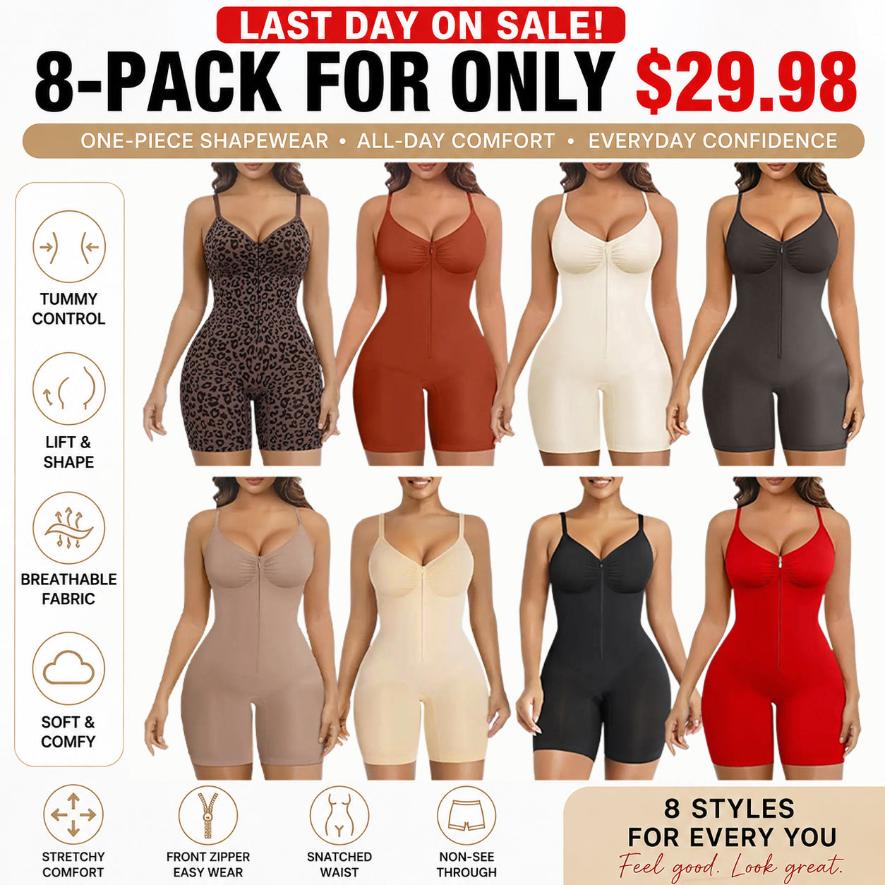 🔥Last Day Sale - 90% OFF-SHAPERX Women Tummy Control Zip-Up Shapewear Bodysuit Breathable Stretch Mesh
