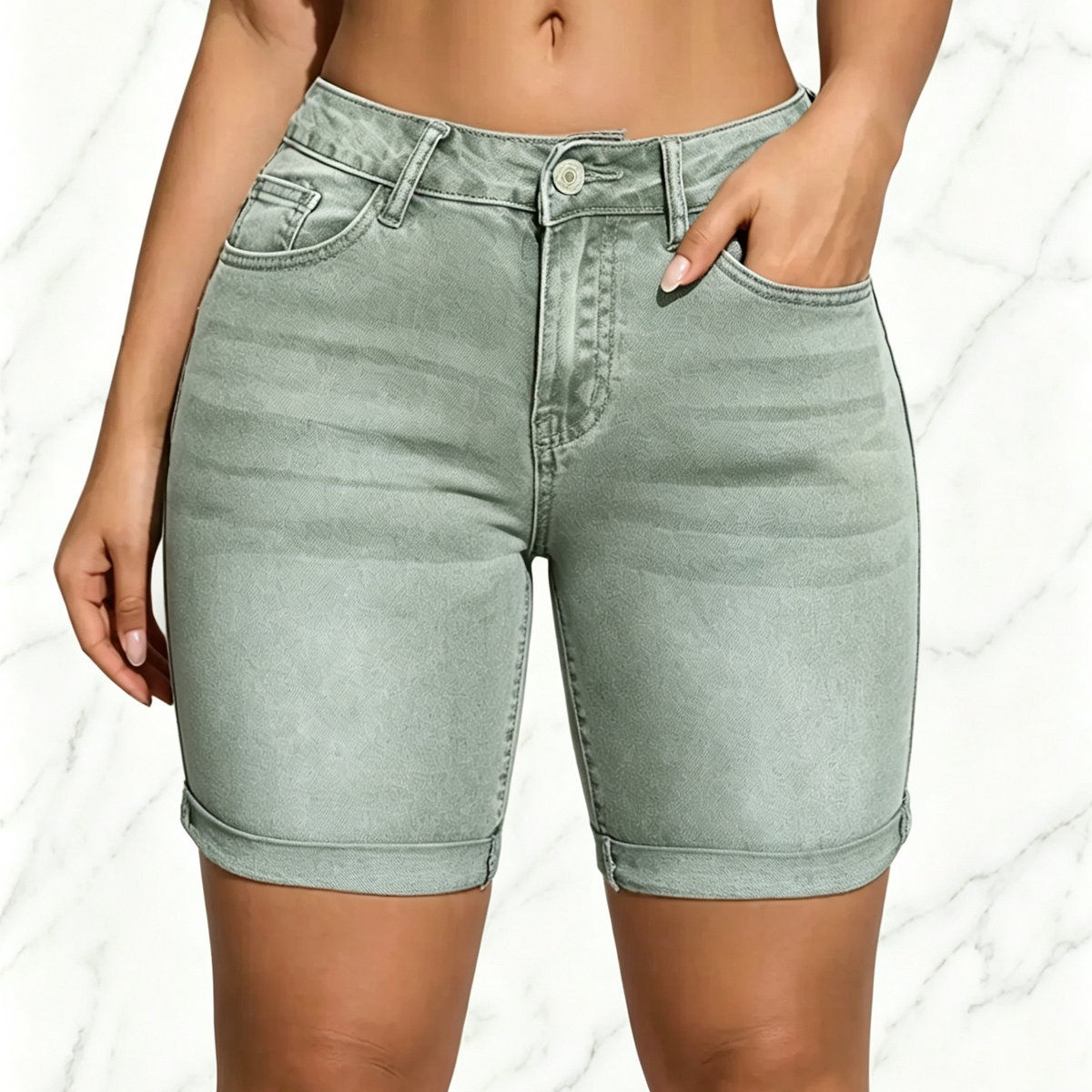 Women’s Washed Slim Fit Denim Shorts with Pockets