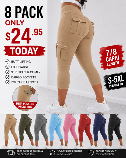 Women’s High-Waist Cargo Leggings with Pockets – 8 Pack
