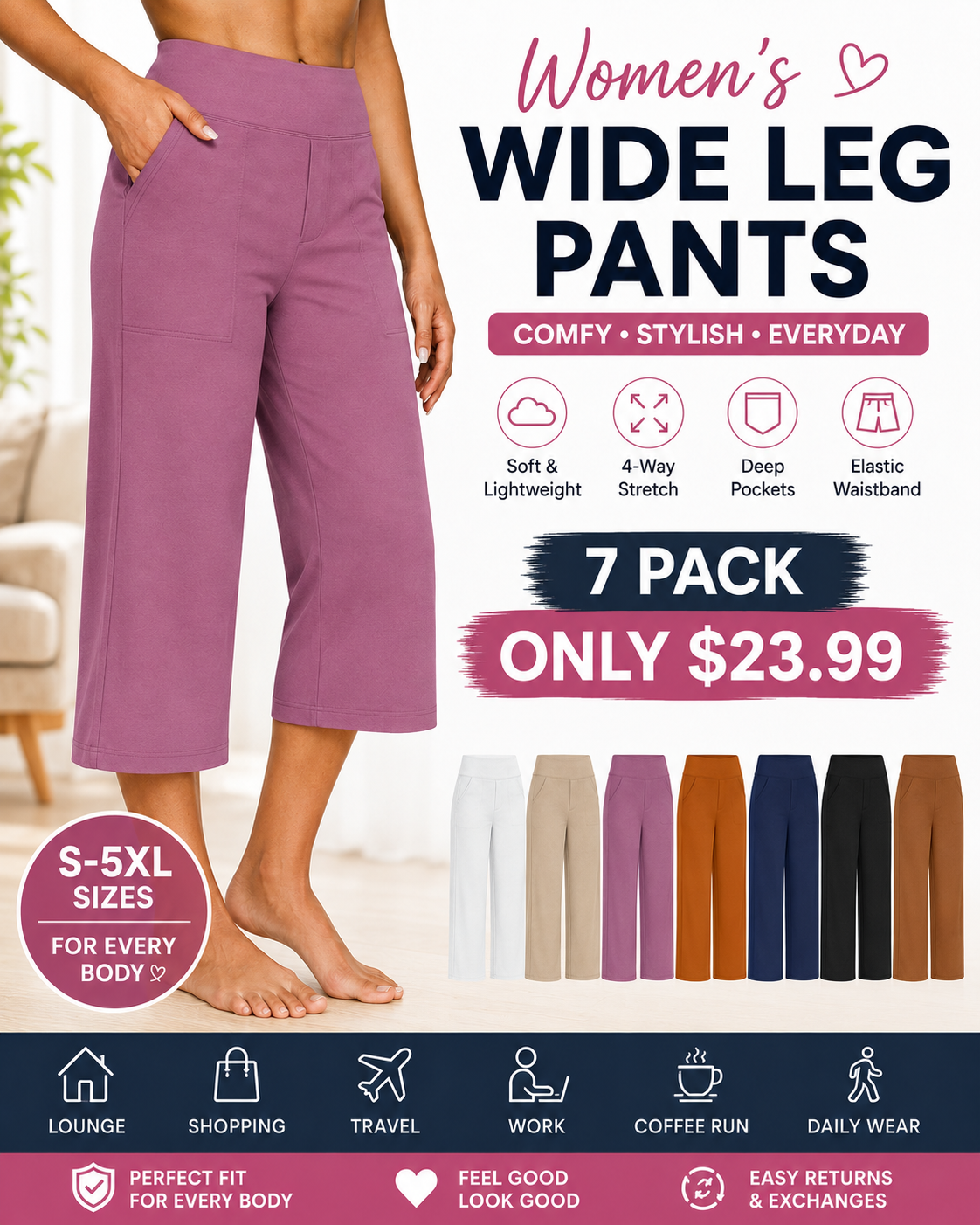 [Last Day Promotion]Women's wide leg Capri Pants with pockets