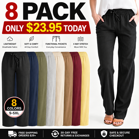 Women's High-Waist Linen-Cotton Pants– 8 Pack