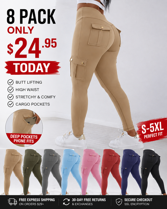 Women’s High-Waist Cargo Leggings with Pockets – 8 Pack