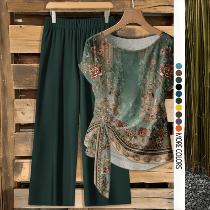 Women's Casual Printed Knot Shirt and Loose Straight Pants Set