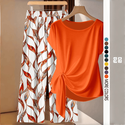 Women's Casual Printed Knot Shirt and Loose Straight Pants Set