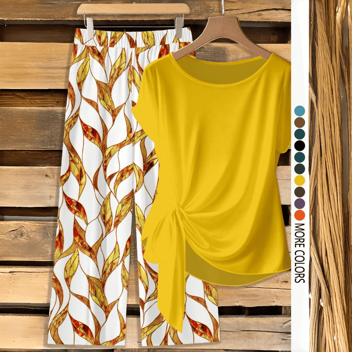 Women's Casual Printed Knot Shirt and Loose Straight Pants Set