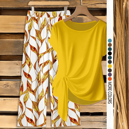 Women's Casual Printed Knot Shirt and Loose Straight Pants Set