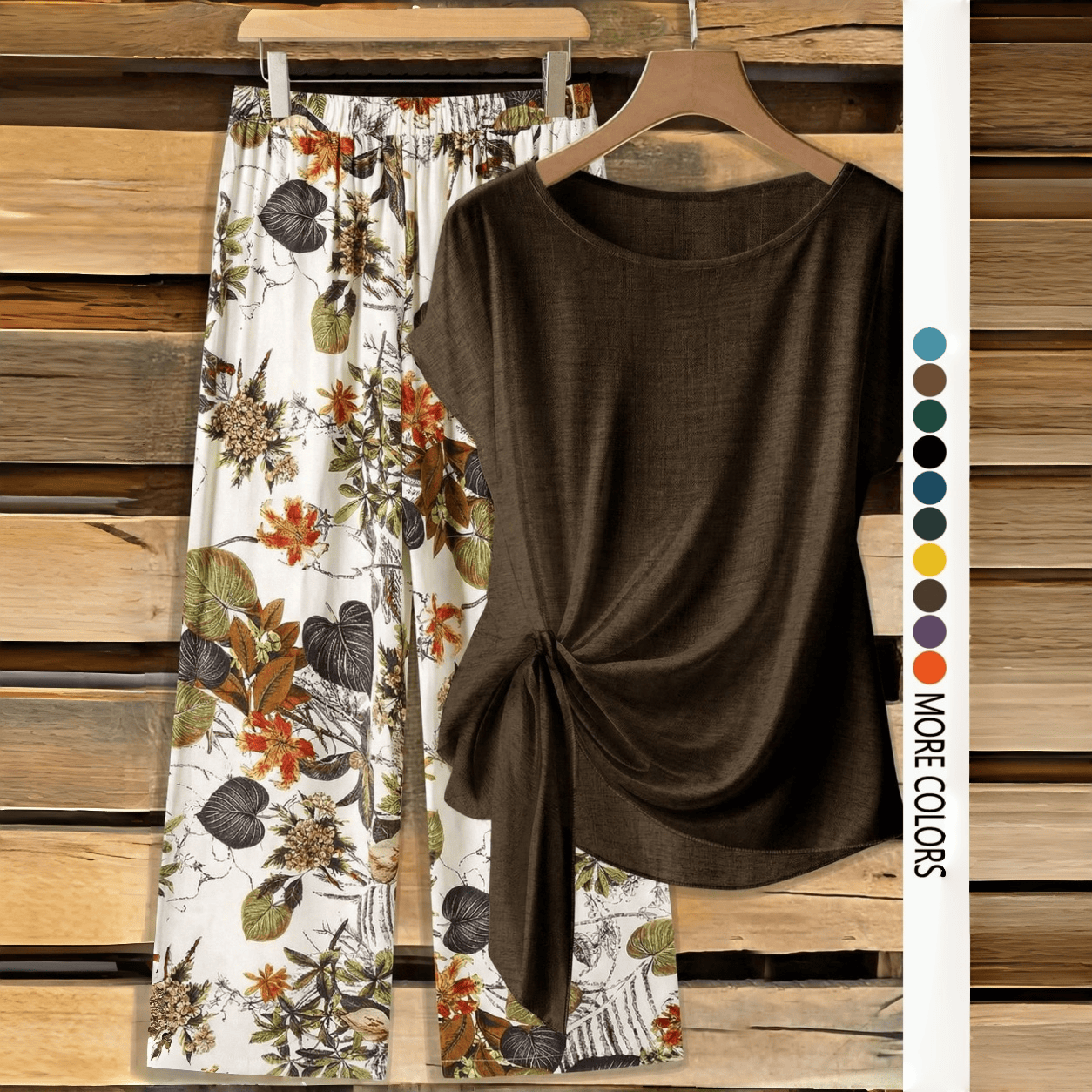 Women's Casual Printed Knot Shirt and Loose Straight Pants Set