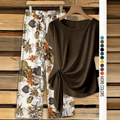 Women's Casual Printed Knot Shirt and Loose Straight Pants Set