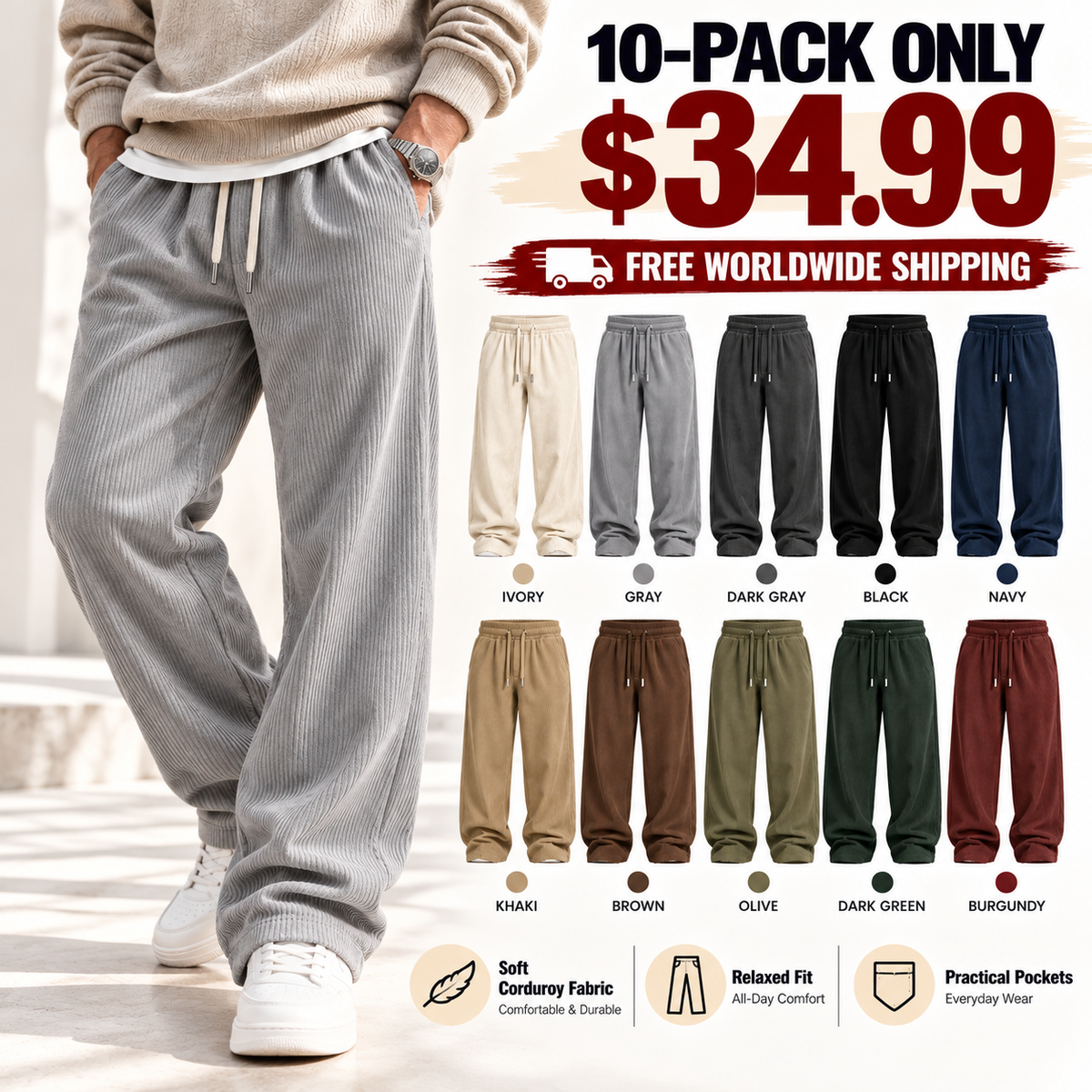 Men’s Relaxed-Fit Corduroy Pants – Soft Stretch-Waist Everyday Trousers